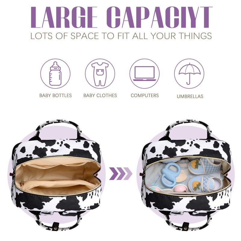 Tuwubi Diaper Bag Backpack, Baby Essentials Travel Tote Bag, Multi function Waterproof Backpacks, Travel Essentials with Stroller Straps & Pacifier Case - Cow Print - Image 2